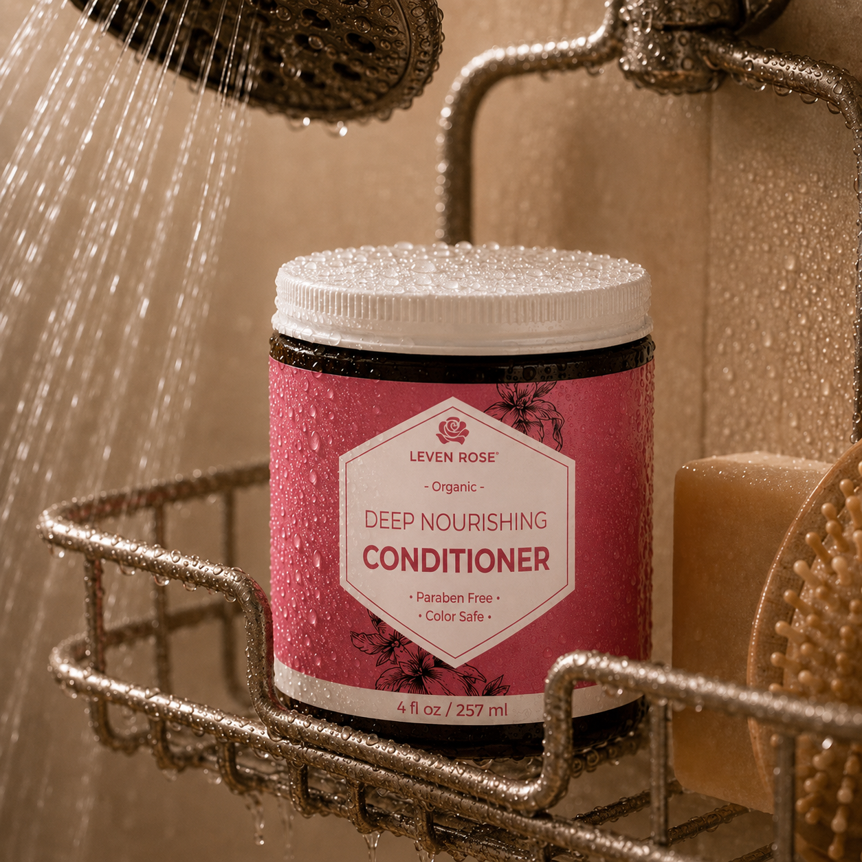 A jar of Leven Rose Deep Nourishing Conditioner sits on a shower shelf under running water, with a shower head visible in the background and a sponge to the right.