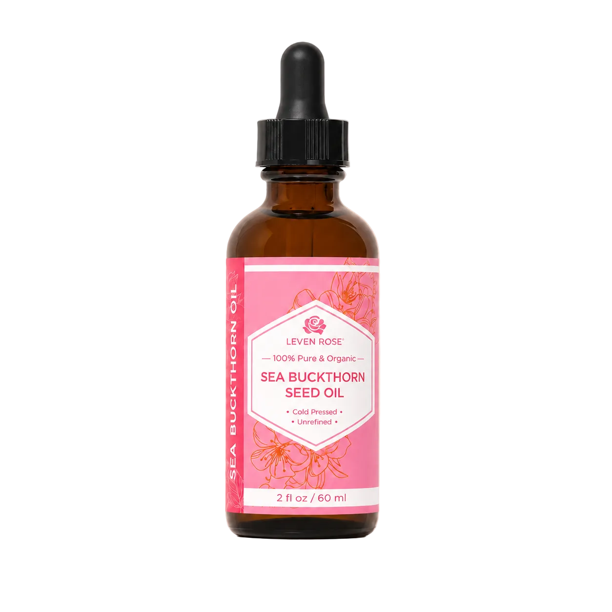 Bottle of Leven Rose Sea Buckthorn Seed Oil with a pink label on a beige background