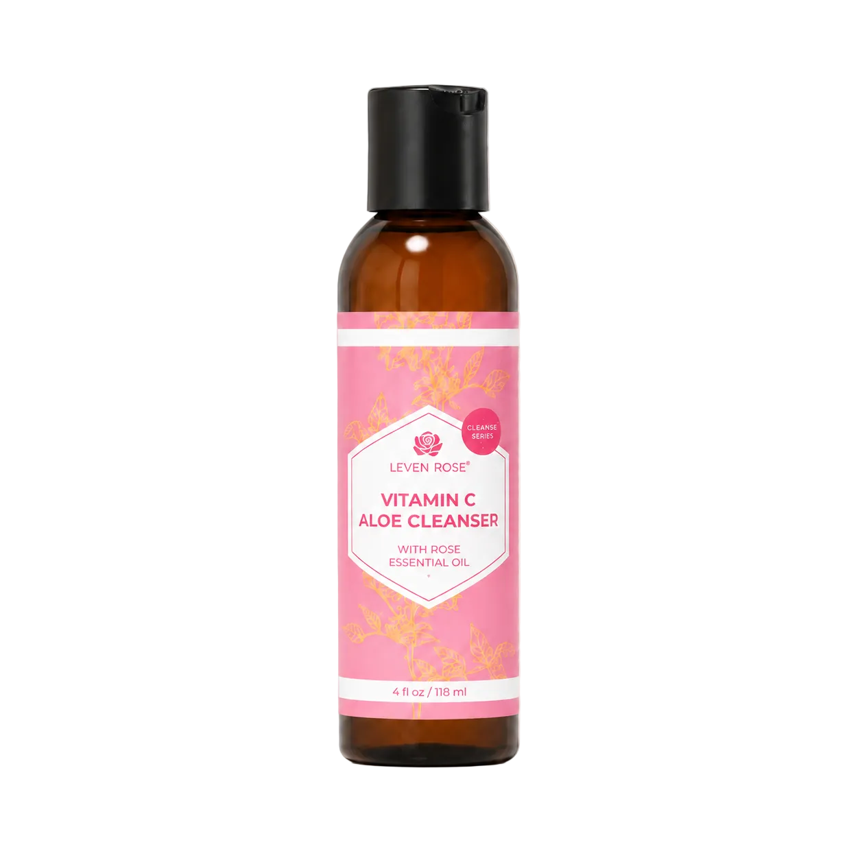 Bottle of Leven Rose Vitamin C Aloe Cleanser on a beige background