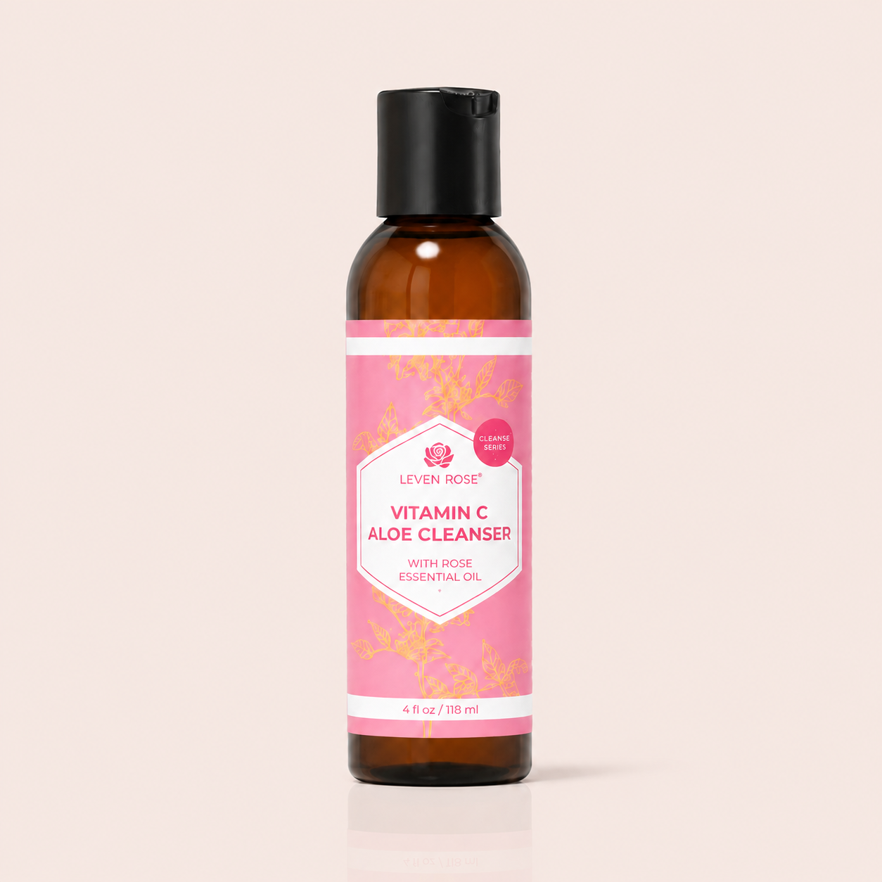 Bottle of Leven Rose Vitamin C Aloe Cleanser on a beige background