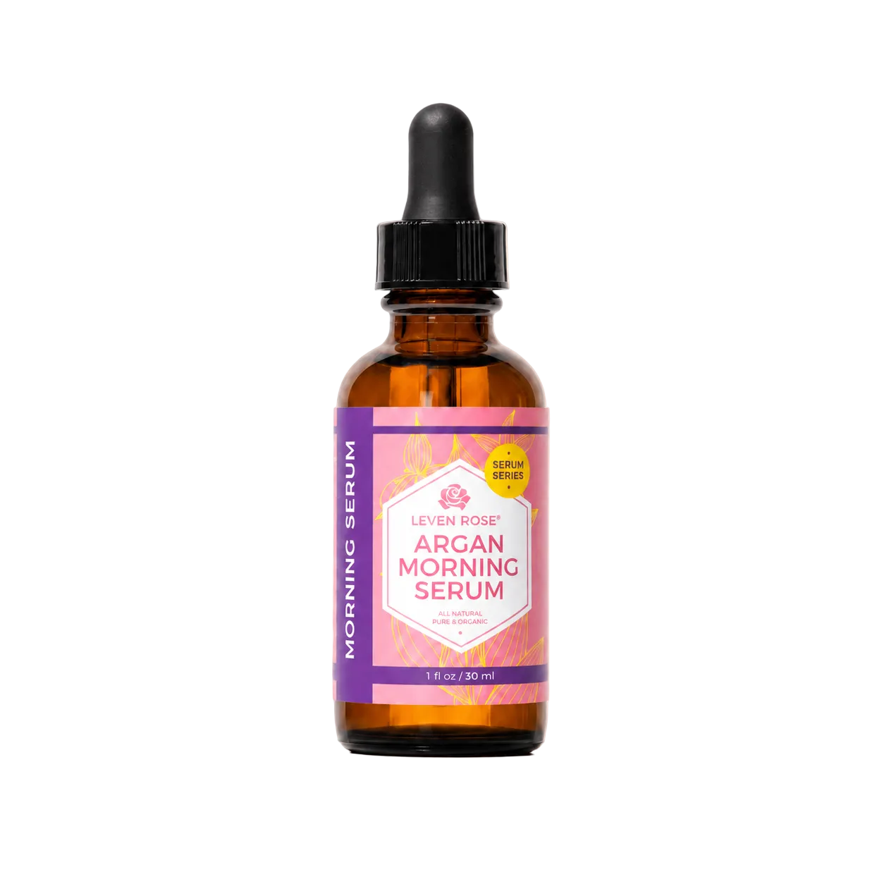 Bottle of Seven Roses Argan Morning Serum on a beige background