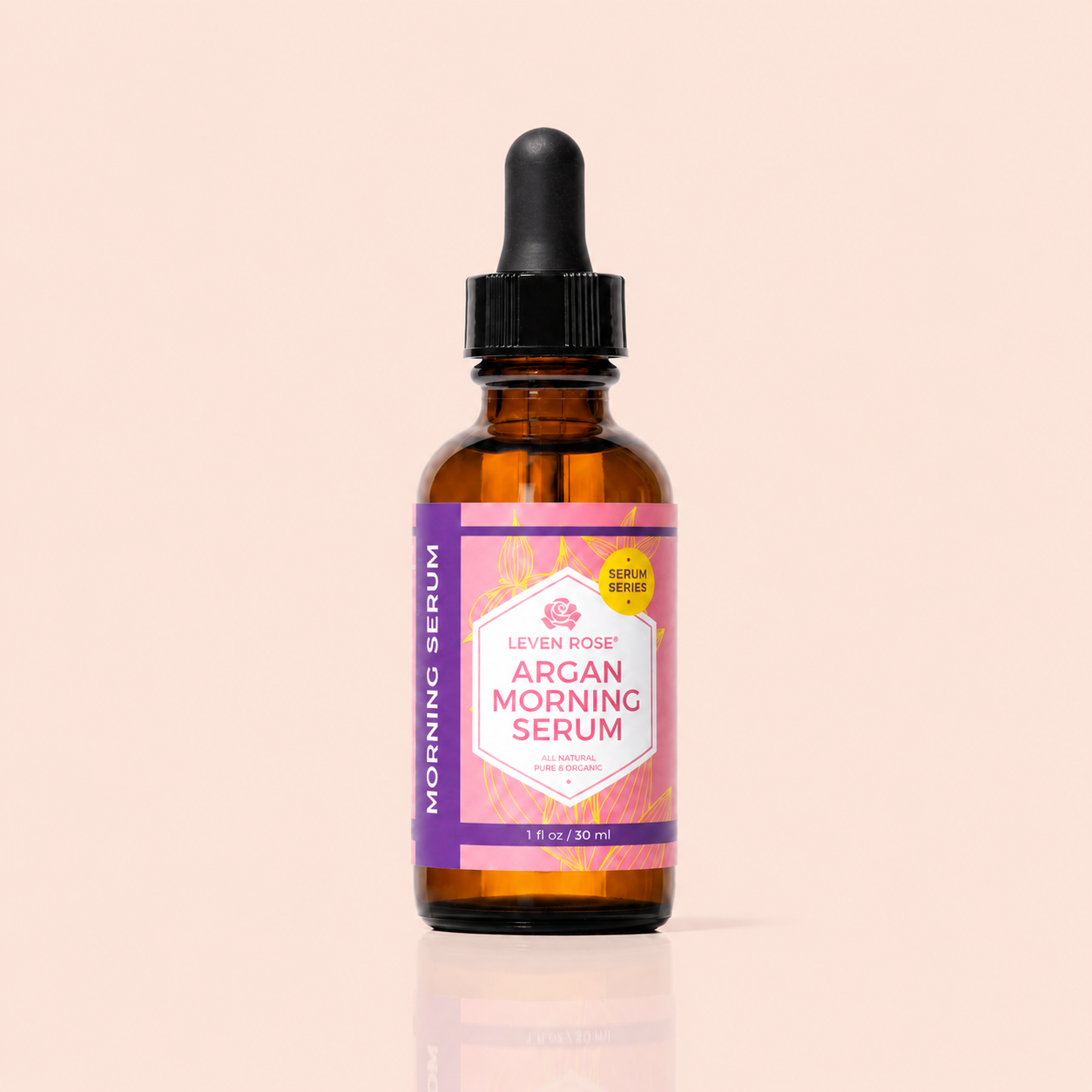 Bottle of Seven Roses Argan Morning Serum on a beige background