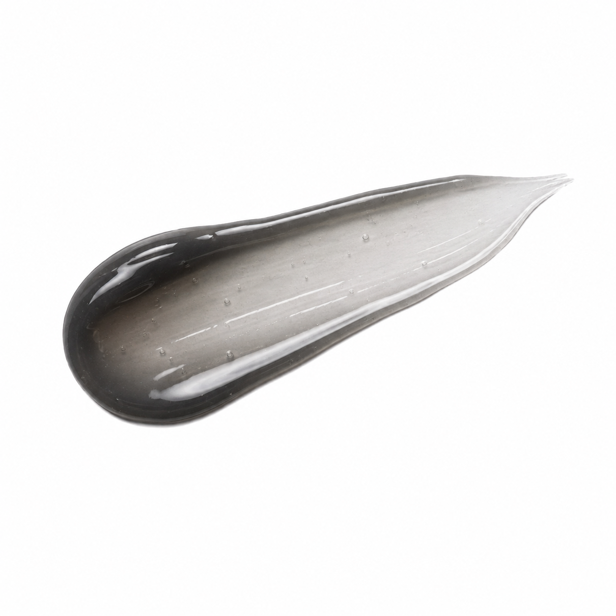 A smear of semi-translucent gray cosmetic gel or serum on a solid white background, showing a gradient from dark gray to clear.