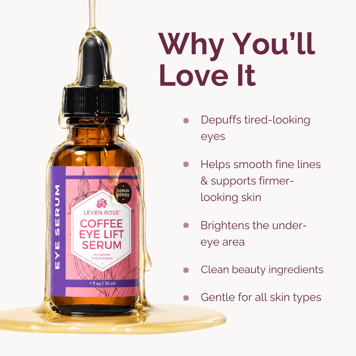 Leven Rose Coffee Eye Lift Serum in an amber glass dropper bottle with a black cap, shown on a light background with marketing text and a gold liquid drip.