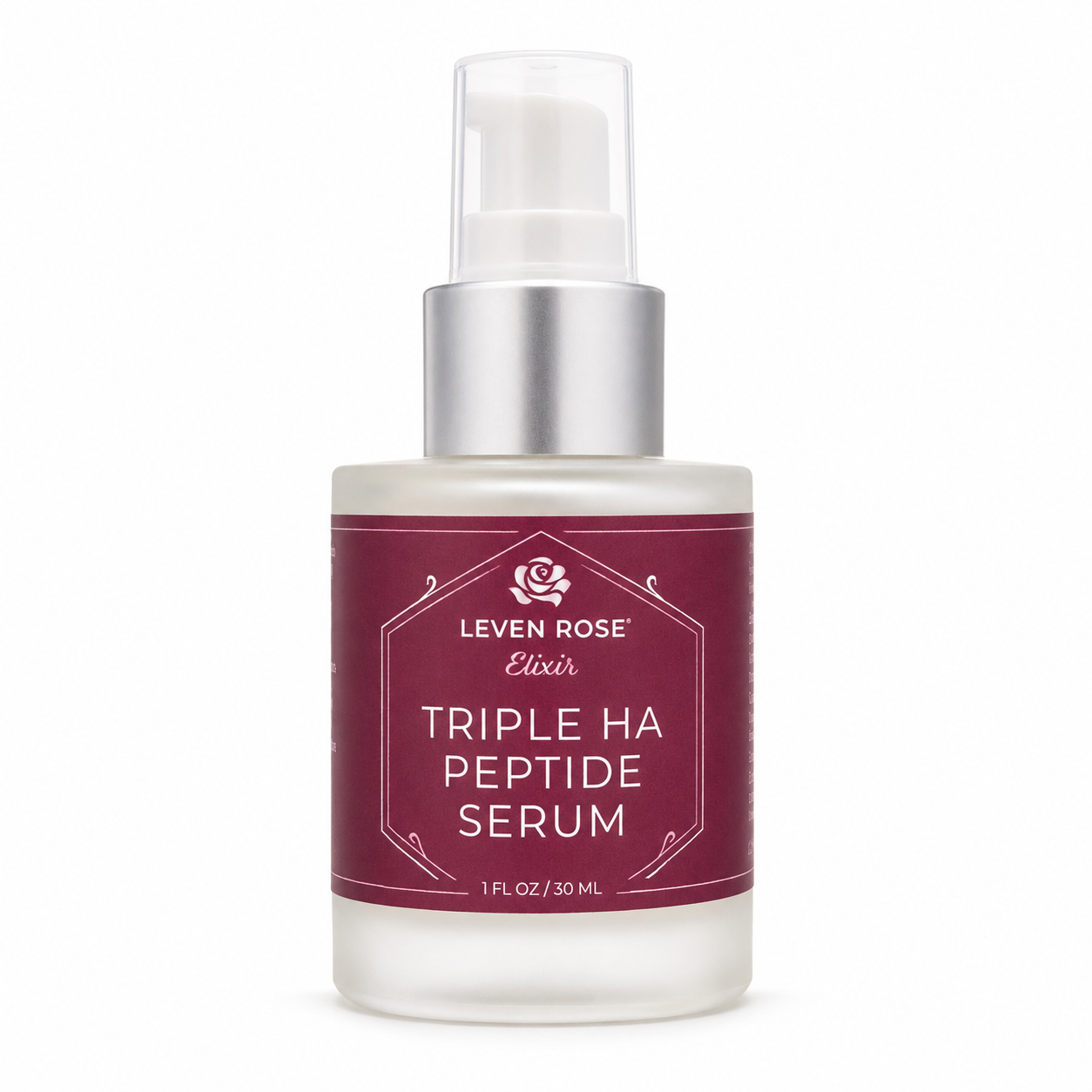 A bottle of Leven Rose Elixir Triple Ha Peptide Serum with a frosted glass body, a metallic silver pump collar, and a deep burgundy label with white text.
