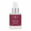 A bottle of Leven Rose Elixir Triple Ha Peptide Serum with a frosted glass body, a metallic silver pump collar, and a deep burgundy label with white text.