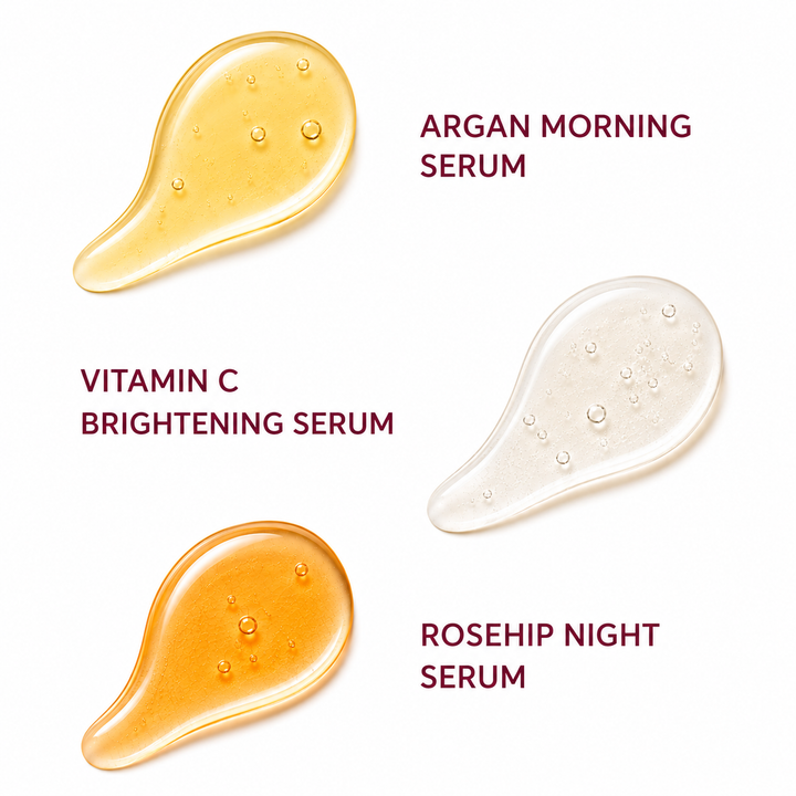 Three teardrop-shaped drops of serum on a white background, labeled 'ARGAN MORNING SERUM,' 'VITAMIN C BRIGHTENING SERUM,' and 'ROSEHIP NIGHT SERUM' in dark red text.