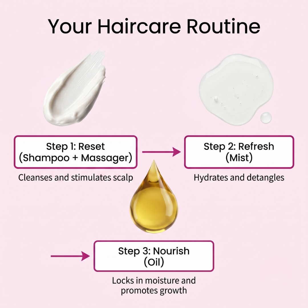 A pink informational graphic titled 'Your Haircare Routine' showing three product steps: Step 1 Reset with shampoo and massager, Step 2 Refresh with mist, and Step 3 Nourish with oil, plus a central oil droplet and product texture swatches.