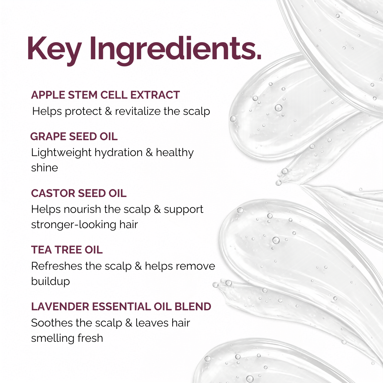 Key ingredients list on a white background with decorative translucent droplet graphics. Text includes Apple Stem Cell Extract, Grape Seed Oil, Castor Seed Oil, Tea Tree Oil, and Lavender Essential Oil Blend.