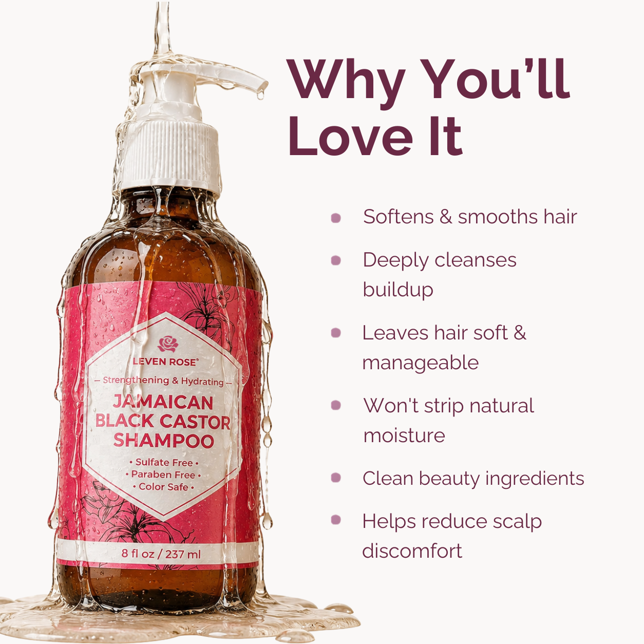 A bottle of Leven Rose Jamaican Black Castor Shampoo shown on a light background with marketing text and bullet points. The bottle is amber glass with a white pump and a pink label, with water droplets and liquid pooling around it.