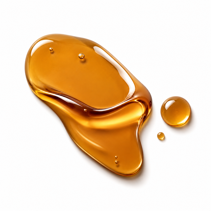 A glossy pool of translucent amber honey with a few small droplets on a clean white background.