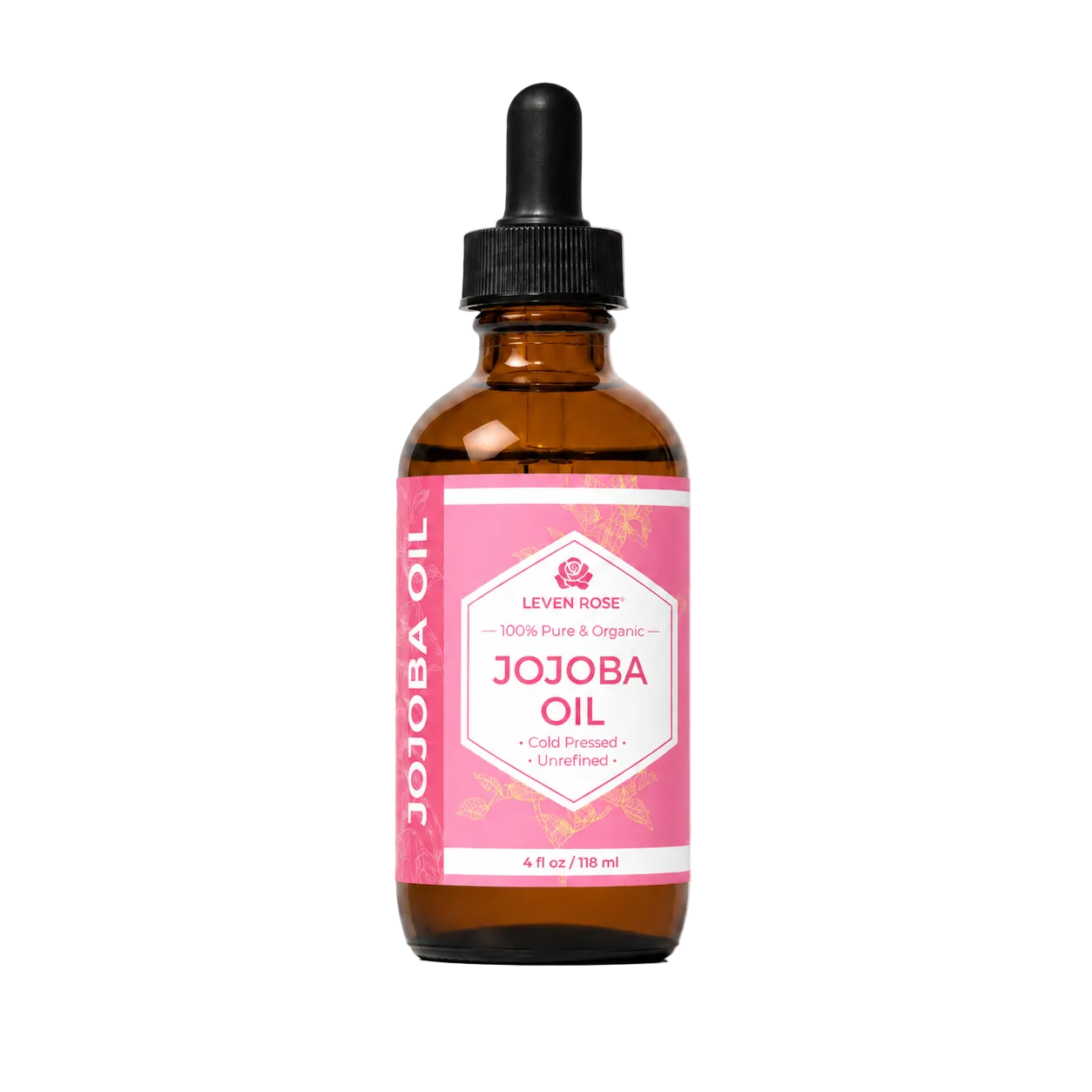 Bottle of Leven Rose Jojoba Oil on a pink background