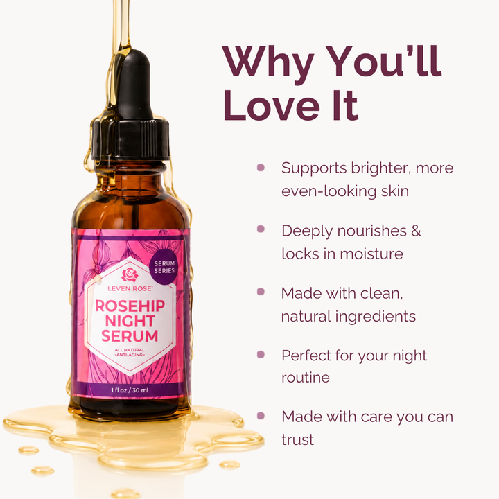 An amber glass dropper bottle of Lavinie Rose Rosehip Night Serum with a pink label, shown on a light background with a gold serum dropper above and below the bottle, plus marketing text on the right.