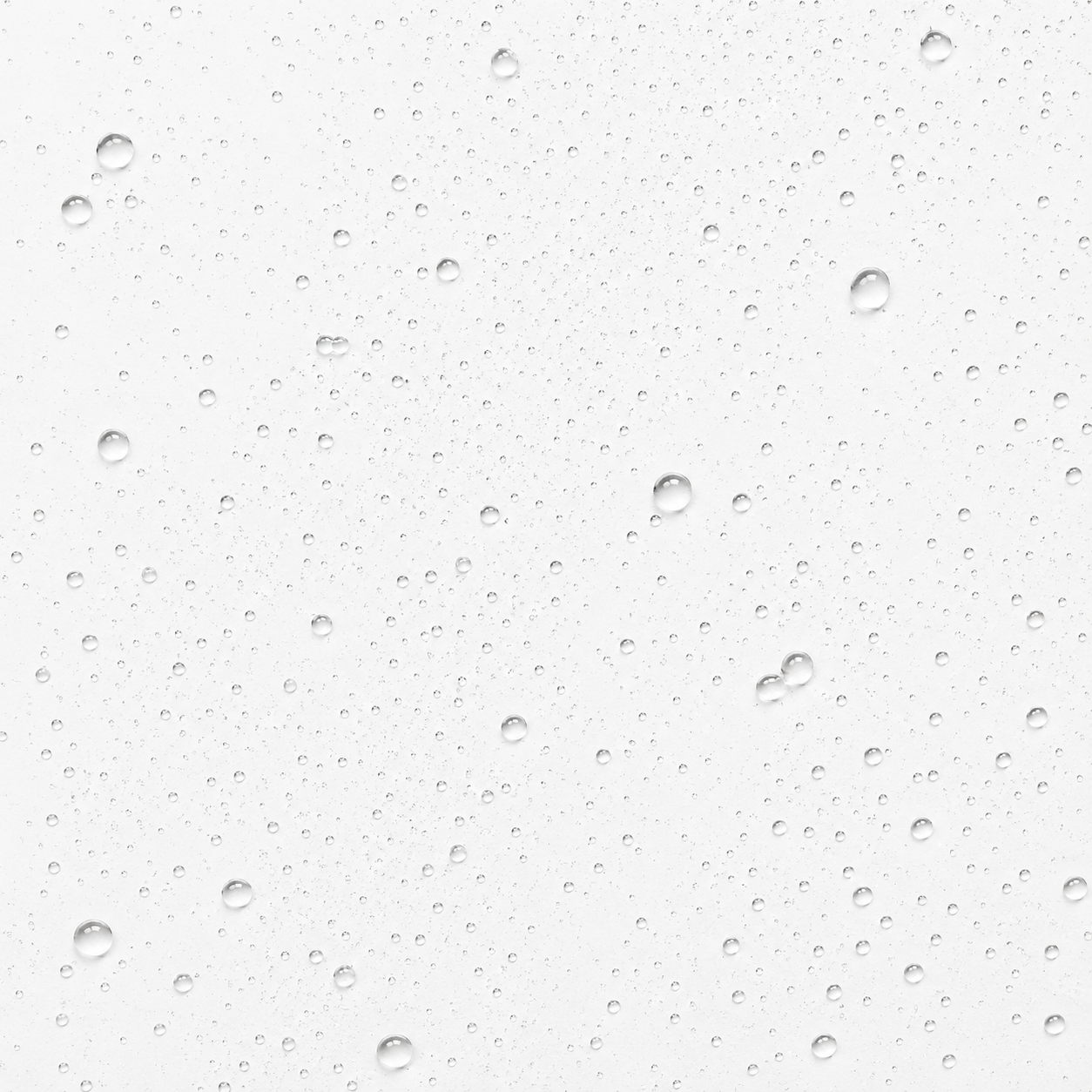 A close-up texture of clear water droplets scattered across a smooth, light gray surface.
