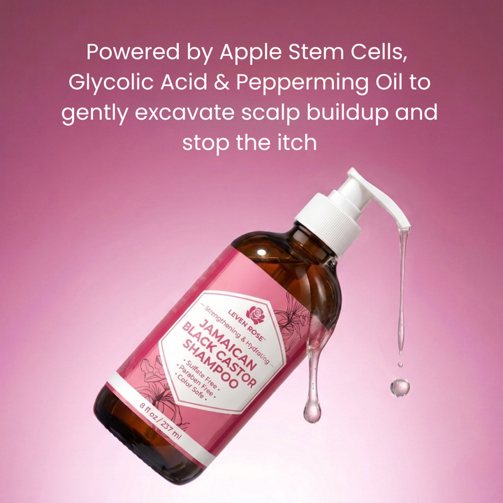 A bottle of EverBone Jamaican Castor Shampoo floating on a pink gradient background with white promotional text above. The bottle is amber brown with a white pump and a pink label.