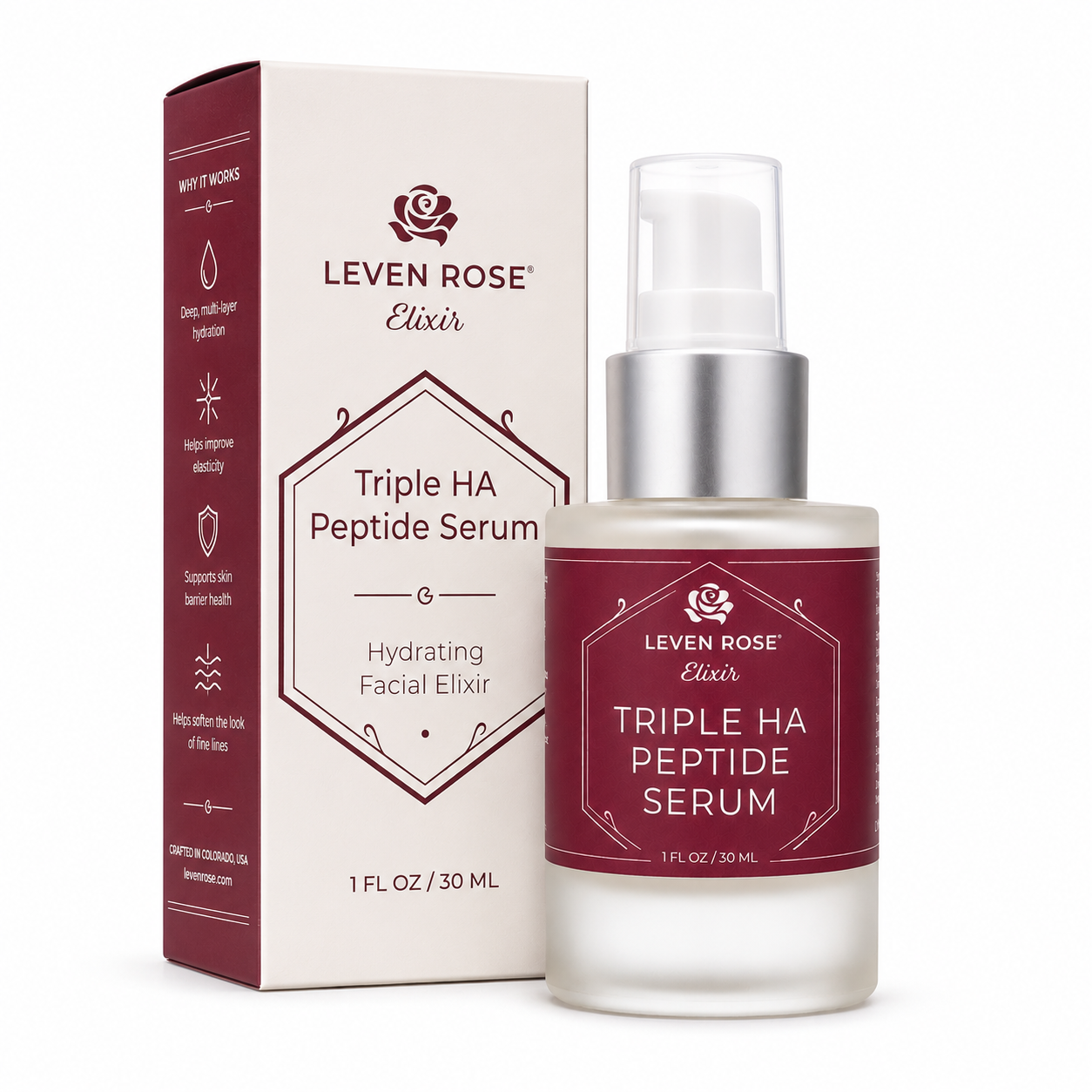 Leven Rose Elixir Triple HA Peptide Serum shown with its retail box on a clean white background. The product consists of a frosted glass bottle with a silver pump and a deep burgundy label, next to its matching burgundy and cream packaging box.