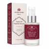 Leven Rose Elixir Triple HA Peptide Serum shown with its retail box on a clean white background. The product consists of a frosted glass bottle with a silver pump and a deep burgundy label, next to its matching burgundy and cream packaging box.