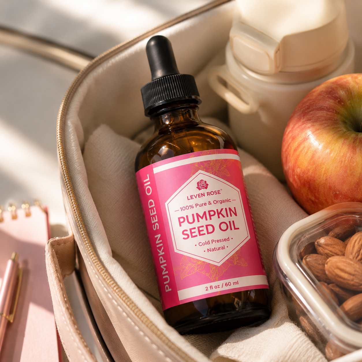A bottle of Lemon Rose Pumpkin Seed Oil resting inside a beige zippered pouch, surrounded by lifestyle props including an apple, almonds, and a notebook.