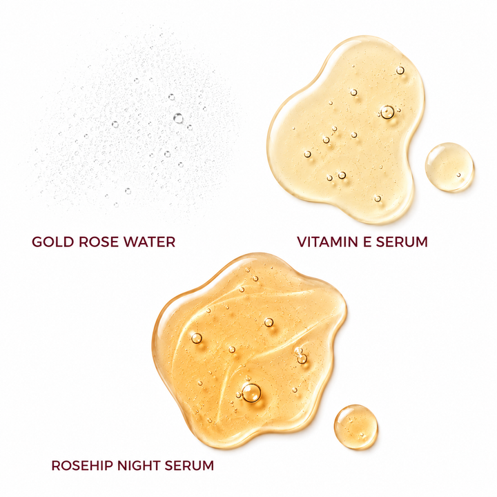 Three cosmetic serum textures on a white background: a clear bubbly liquid labeled 'GOLD ROSE WATER,' a translucent pale yellow gel labeled 'VITAMIN E SERUM,' and a richer golden amber gel labeled 'ROSEHIP NIGHT SERUM.'.