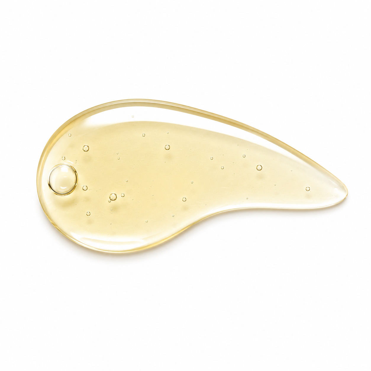 A glossy, translucent droplet of pale yellow cosmetic gel or oil on a clean white background, showing small embedded air bubbles.