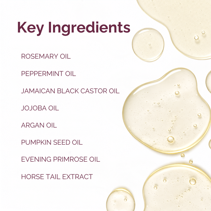 A clean ingredient list titled 'Key Ingredients' on a white background, with pale golden oil droplets along the right side. Listed ingredients include rosemary oil, peppermint oil, Jamaican black castor oil, jojoba oil, argan oil, pumpkin seed oil, evening primrose oil, and horse tail extract.