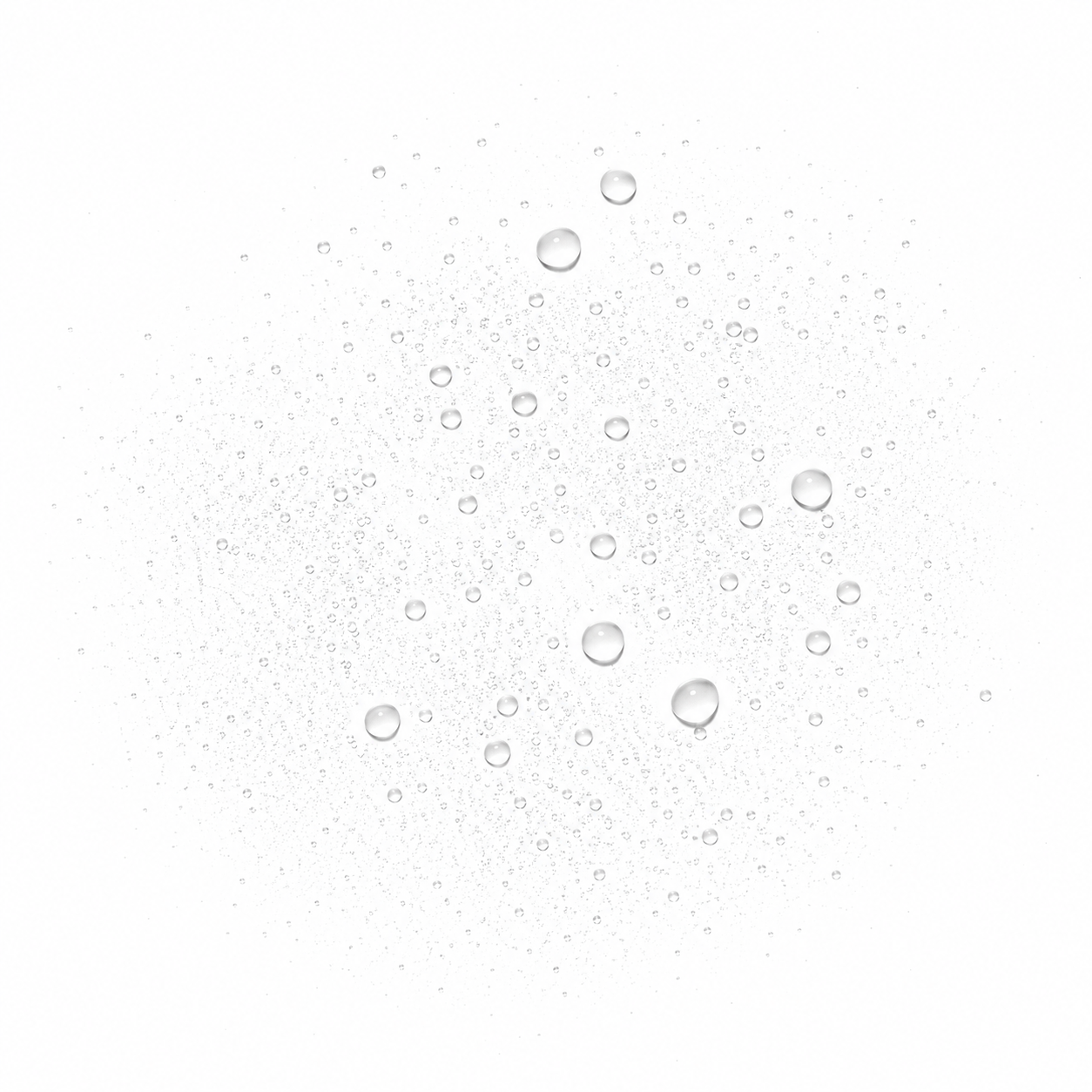 A cluster of clear, translucent water droplets of varying sizes scattered on a solid white background.