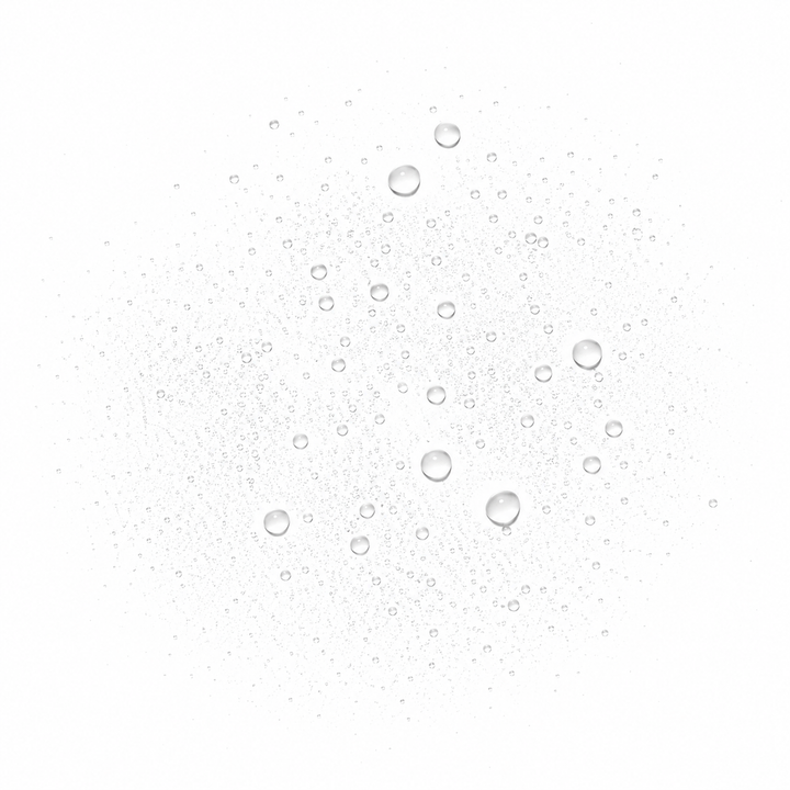 A cluster of clear, translucent water droplets of varying sizes scattered on a solid white background.