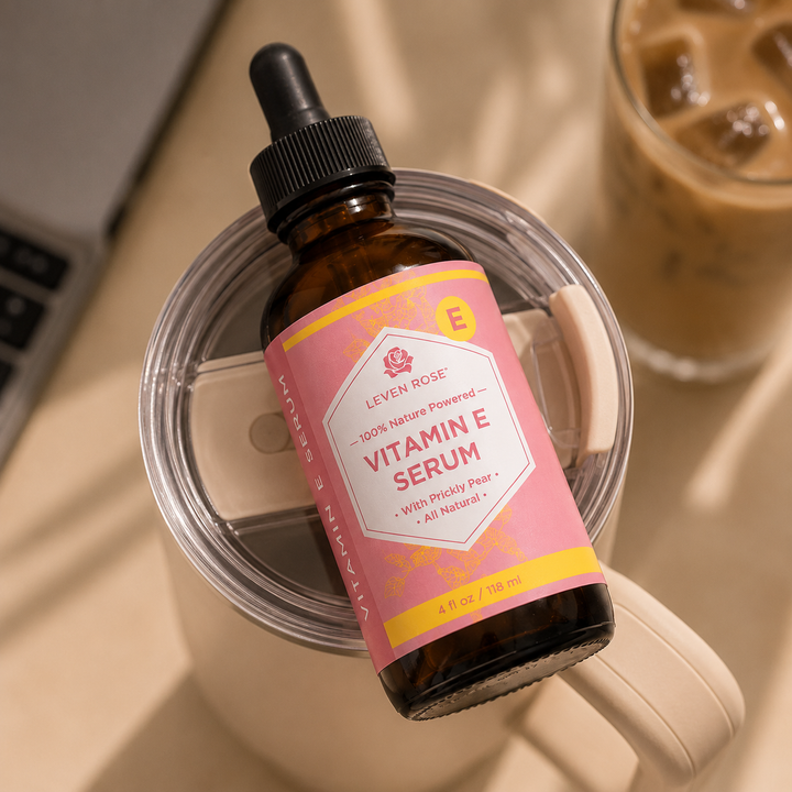 A bottle of Leven Rose Vitamin E Serum in an amber glass dropper bottle with a pink label, resting inside a clear plastic travel tumbler. The scene is styled on a beige surface with a laptop edge and an iced coffee in the background.