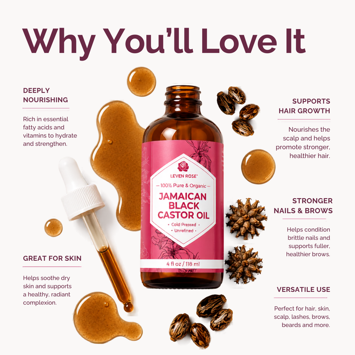 A bottle of Leven Rose Jamaican Black Castor Oil centered on a light beige background with decorative text callouts around it. The amber bottle has a pink label and is surrounded by castor seeds, castor oil droplets, and a dropper.