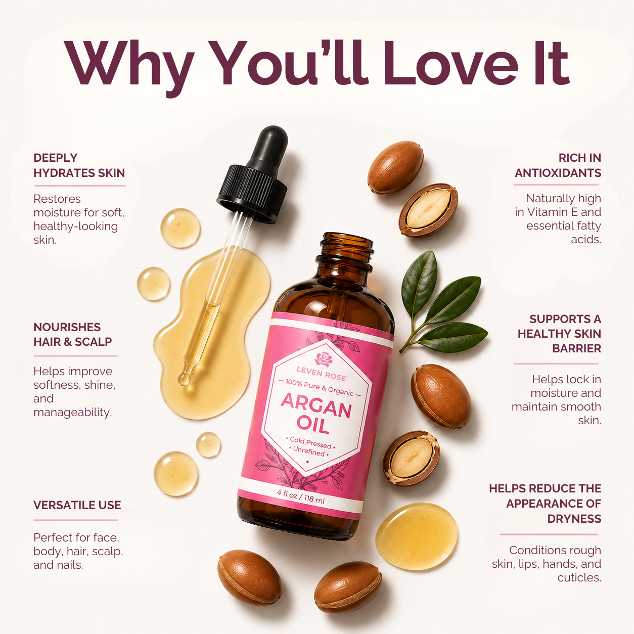 An amber glass bottle of Levon Rose Argan Oil with a pink label and black dropper, surrounded by argan nuts, a gold droplet, and green leaves on a light beige background. Text around the bottle reads 'Why You'll Love It' with benefits for skin, hair, and scalp.