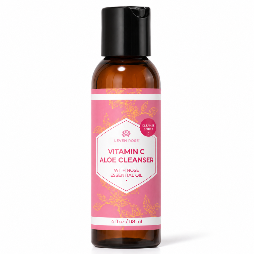 A 4 fl oz amber glass bottle of Leven Rose Vitamin C Aloe Cleanser with a pink label and black cap, shown on a white background.