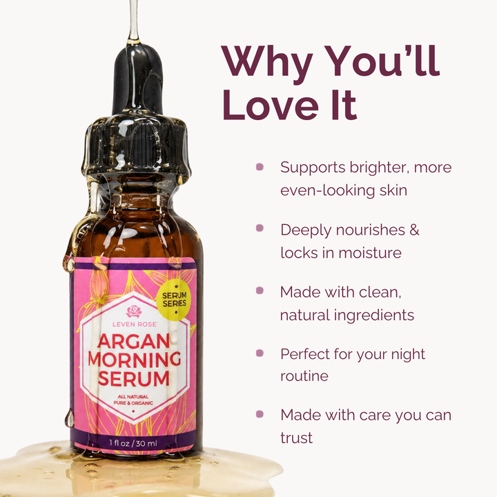 Argan Morning Serum in an amber glass dropper bottle with a pink and gold label, shown on a light background with promotional text reading 'Why You'll Love It' and bullet points about skin benefits.
