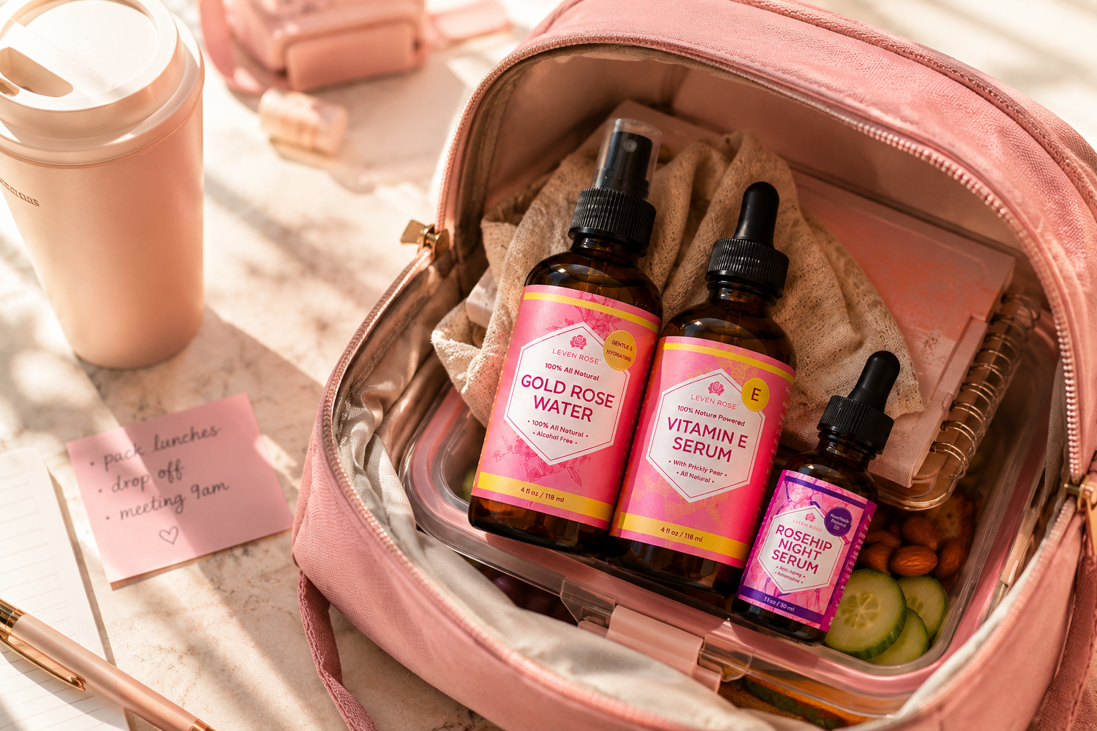 A pink cosmetic bag open on a marble surface, containing two amber dropper bottles labeled Gold Rose Water and Vitamin E Serum, plus a smaller serum bottle, a towel, and small skincare items. A takeaway coffee cup, sticky notes, and a pen are arranged around it in a styled flat-lay.