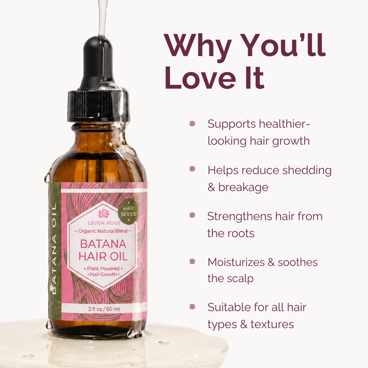 A bottle of Levana Botana Batana Hair Oil with a black dropper cap, set against a clean white background with promotional text on the right.