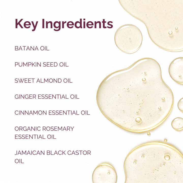 A clean ingredient list graphic with the heading 'Key Ingredients' and the following items listed in dark purple text: Batana Oil, Pumpkin Seed Oil, Sweet Almond Oil, Ginger Essential Oil, Cinnamon Essential Oil, Organic Rosemary Essential Oil, and Jamaican Black Castor Oil. The background is white with translucent golden oil droplets on the right side.