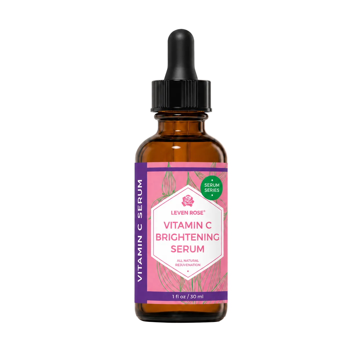 Vitamin C brightening serum bottle with dropper on a beige background