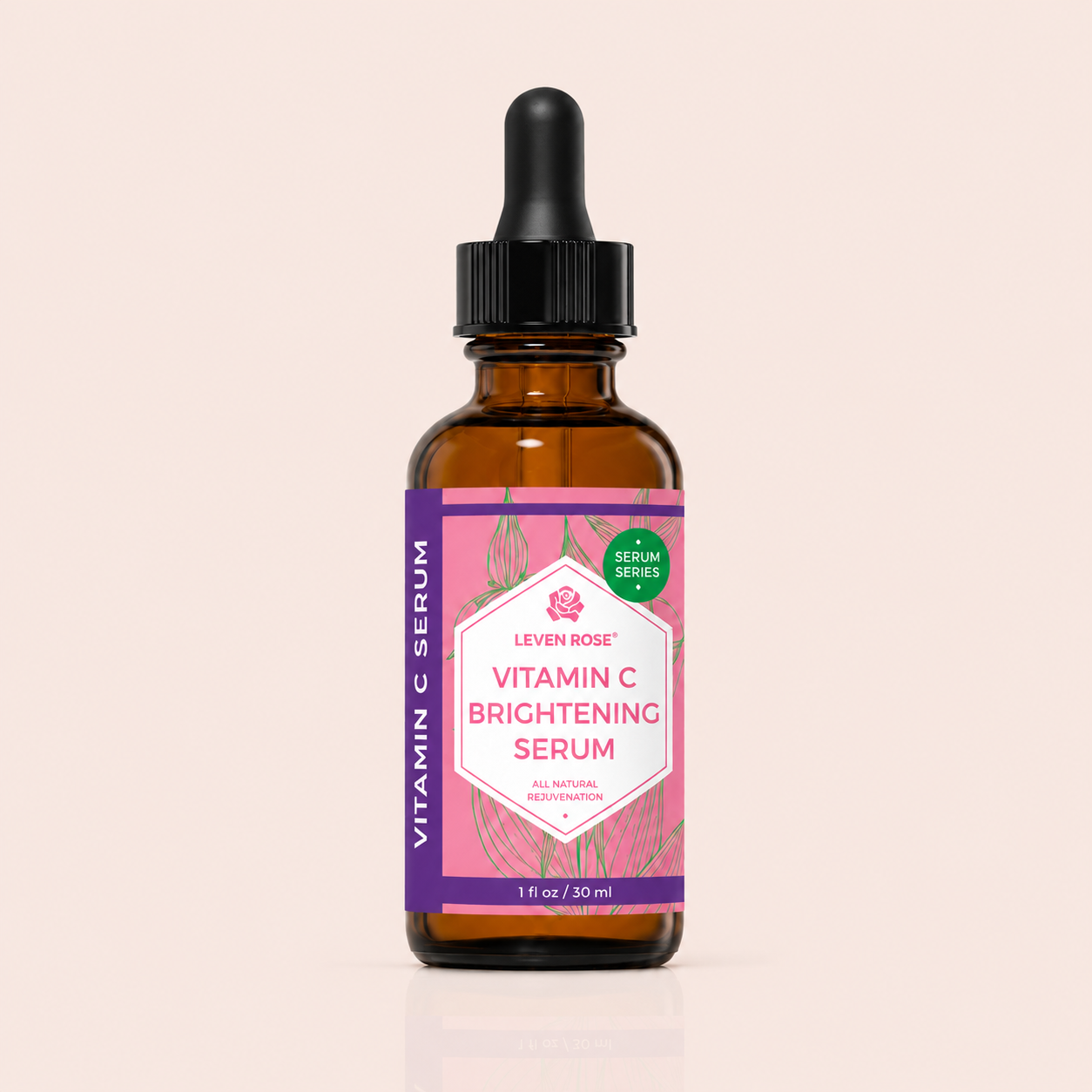 Vitamin C brightening serum bottle with dropper on a beige background