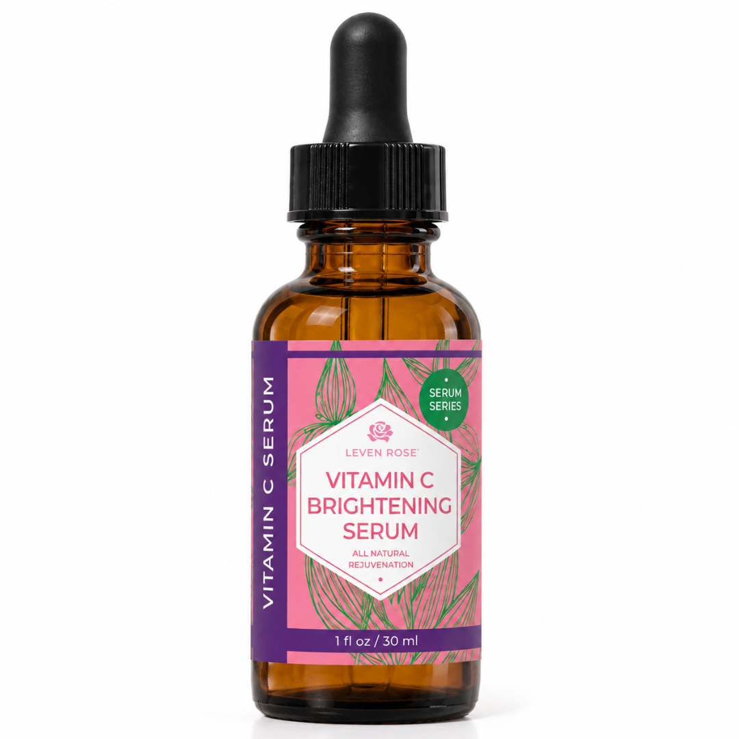 A 1 fl. oz vitamin c serum bottle with pink and purple and green label