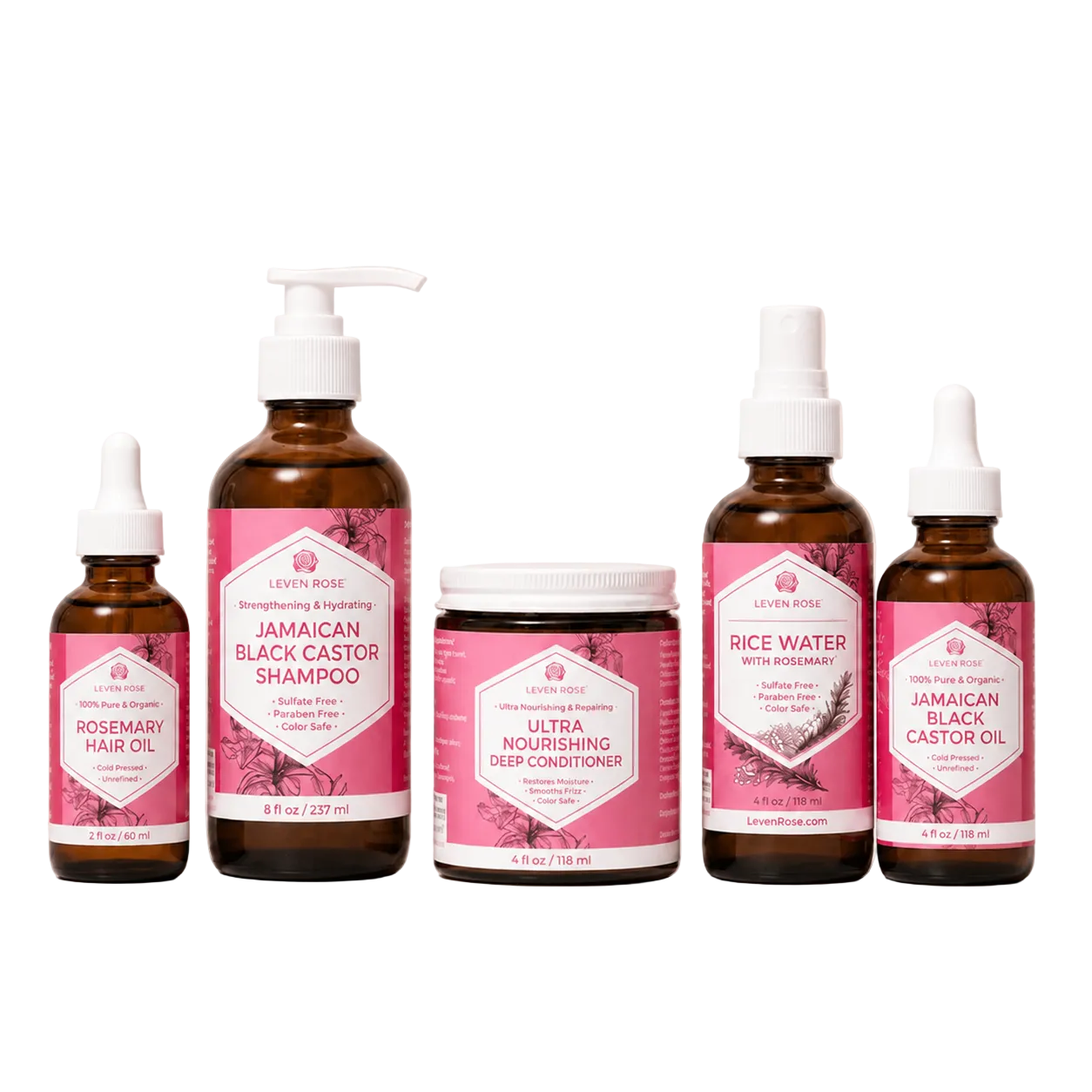 Six Levity Rose haircare products arranged on a light beige background: two small dropper bottles, one pump bottle, one jar, and one spray bottle. The labels are predominantly pink with white text, and the bottles are amber brown.