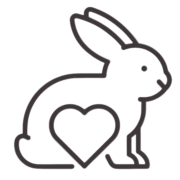 A minimalist black line art icon of a rabbit sitting next to a heart on a solid white background.