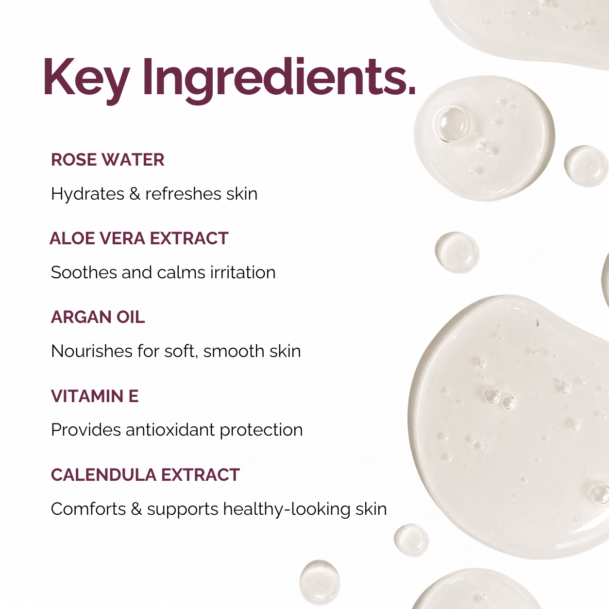 A clean ingredient list graphic on a white background with decorative translucent droplets. The heading reads 'Key Ingredients.