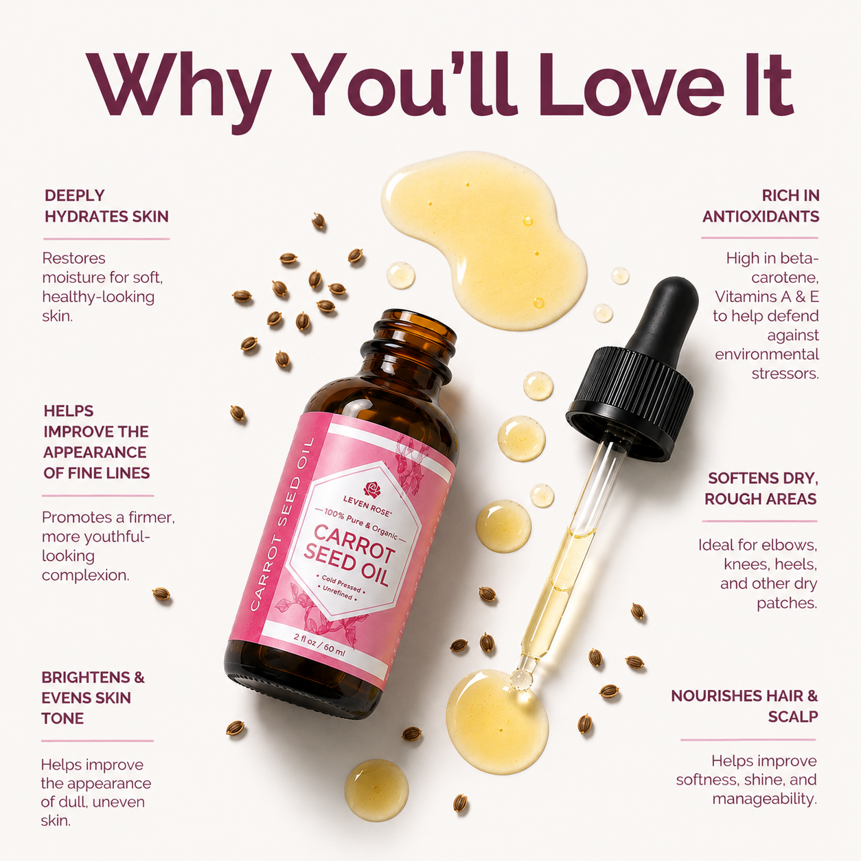 An amber glass bottle of Carrot Seed Oil with a pink label and black dropper, surrounded by golden oil droplets and scattered seeds on a white background, with marketing text around it reading 'Why You'll Love It'.