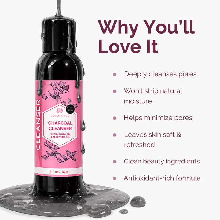 A bottle of Lever Box Charcoal Cleanser with a pink label and black cap, shown on a light background with marketing text and bullet points about skin benefits. The bottle is surrounded by a glossy black liquid effect.