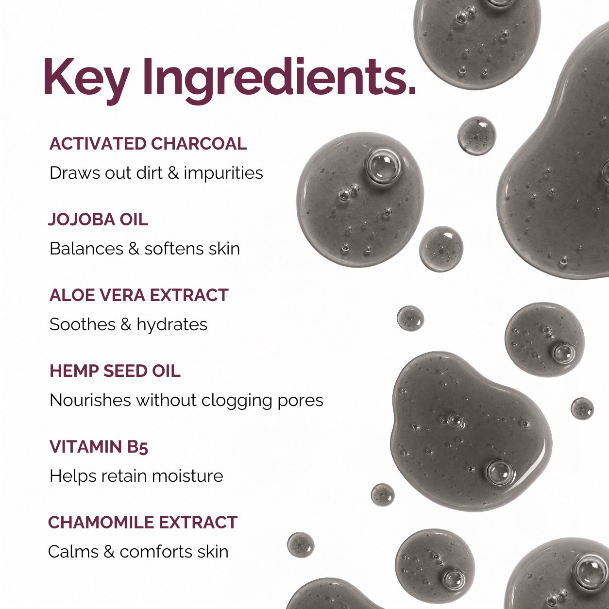 Key Ingredients graphic for a skincare product, featuring a list of ingredients on a white background with gray liquid droplets. The ingredients listed are Activated Charcoal, Jojoba Oil, Aloe Vera Extract, Hemp Seed Oil, Vitamin B5, and Chamomile Extract.