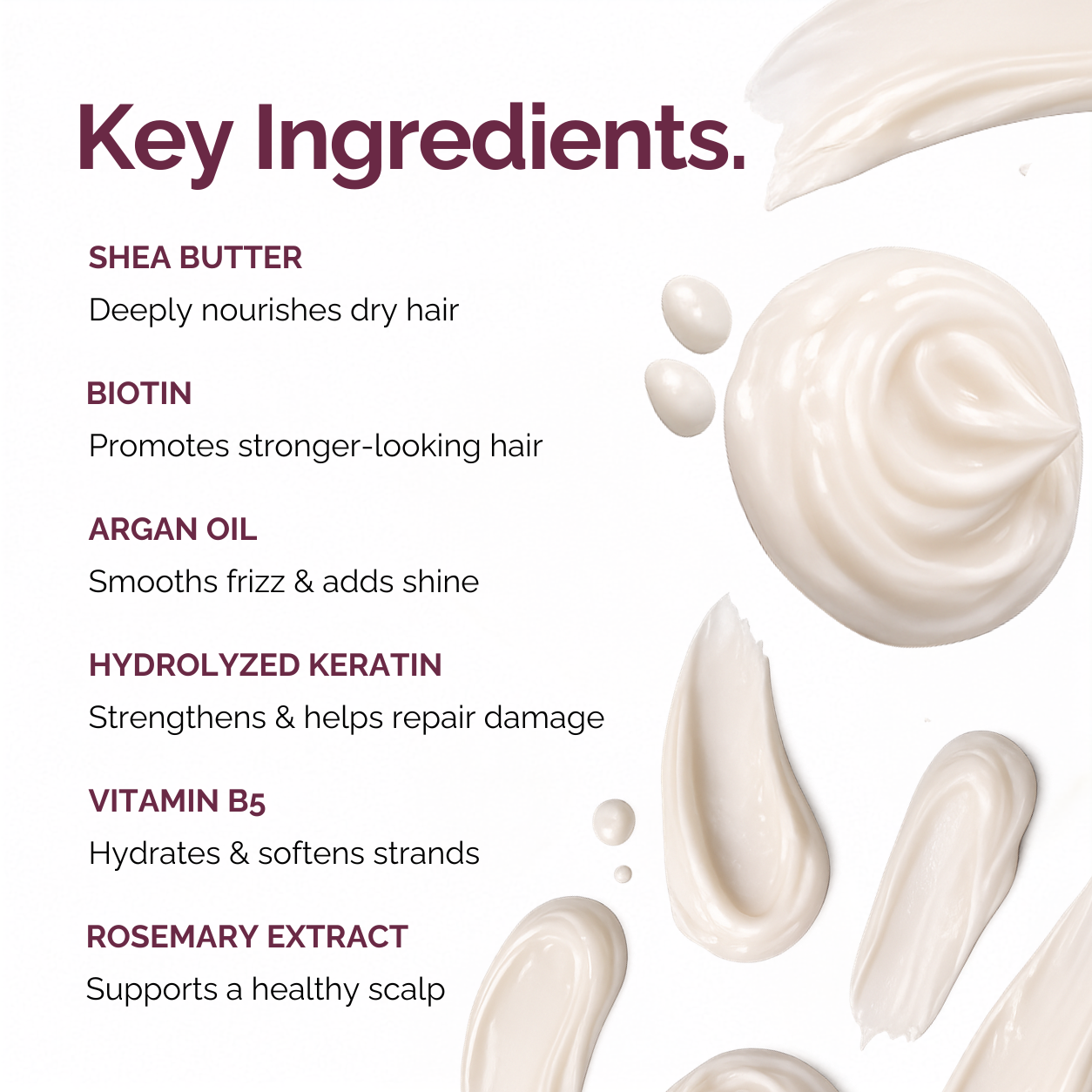 Key Ingredients graphic for a hair care product, featuring text listing Shea Butter, Biotin, Argan Oil, Hydrolyzed Keratin, Vitamin B5, and Rosemary Extract alongside cream-colored product swatches on a white background.