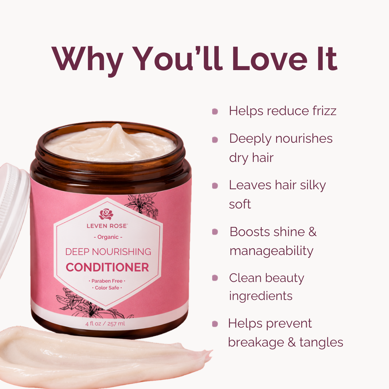 A jar of LEVEN ROSE Deep Nourishing Conditioner shown on a clean off-white background with marketing text and bullet points. The product is an amber glass jar with a pink label, shown open with cream-colored conditioner visible at the top and a smear of the conditioner at the bottom left.