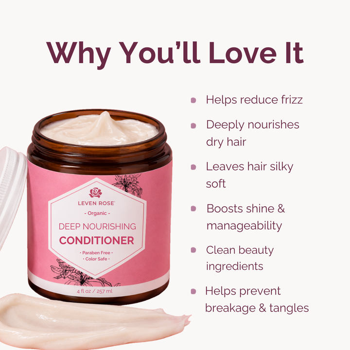 A jar of LEVEN ROSE Deep Nourishing Conditioner shown on a clean off-white background with marketing text and bullet points. The product is an amber glass jar with a pink label, shown open with cream-colored conditioner visible at the top and a smear of the conditioner at the bottom left.