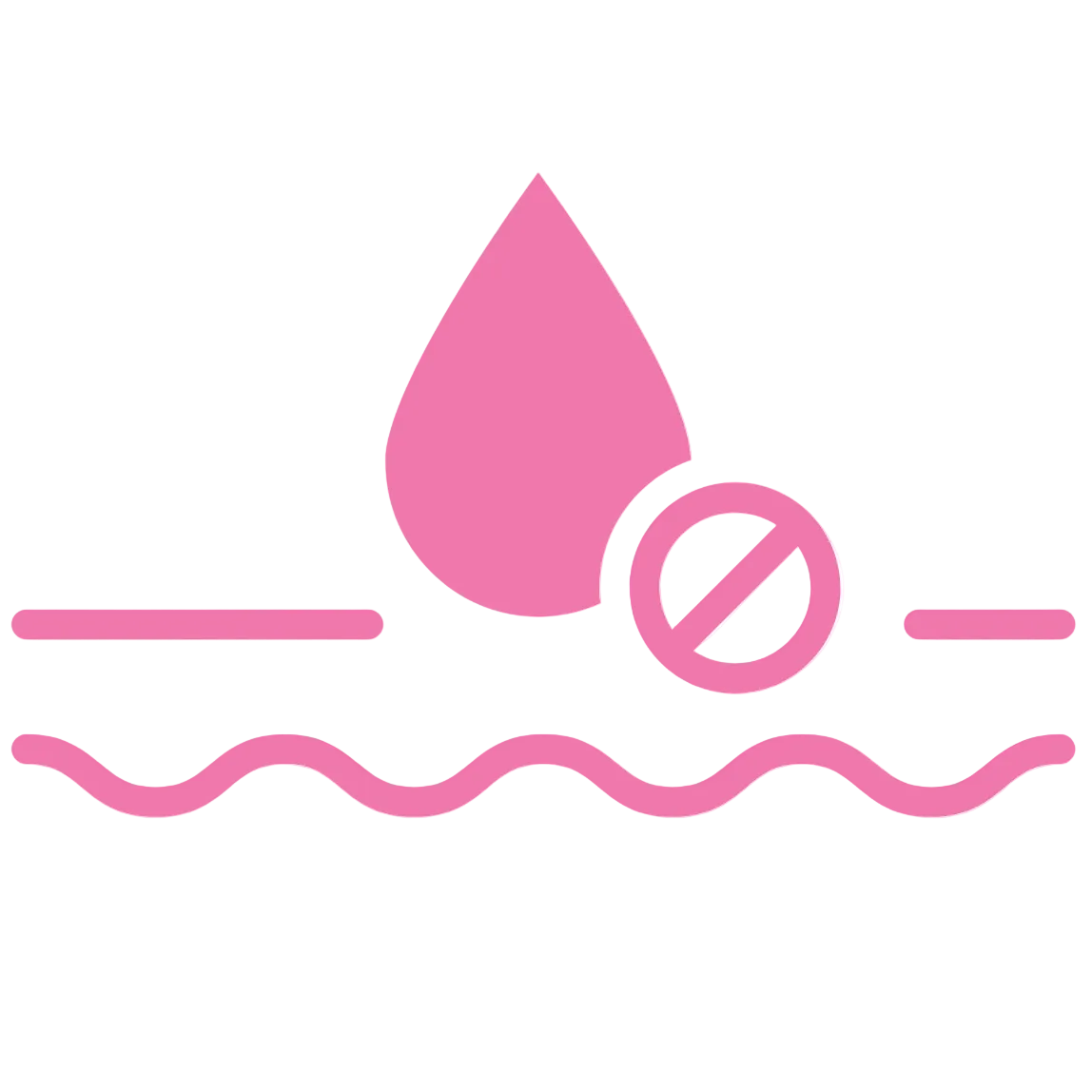 A pink icon showing a teardrop shape above a wavy line with a circle containing a diagonal slash, on a plain white background.