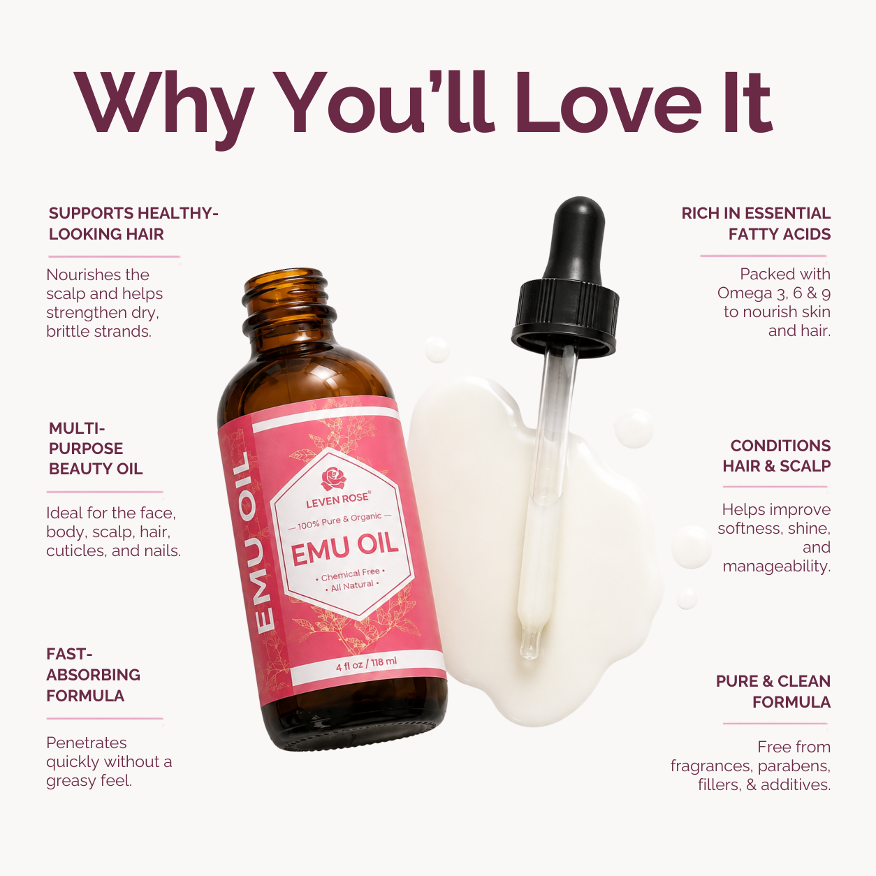 Emu Oil bottle with dropper shown on a white background with marketing text and a white oil smear. The bottle is amber glass with a pink label reading EMU OIL, and the text highlights benefits such as supporting healthy-looking hair and being rich in essential fatty acids.