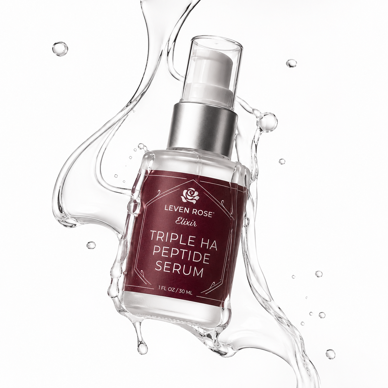 A bottle of Leven Rose Bliss Triple HA Peptide Serum floating in a water splash on a white background.